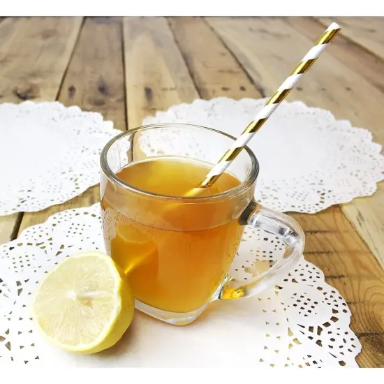 Paper Straws - 160-Pack Gold Colored Fun Biodegradable Drinking Straws with Coral Stripes, Polka Dot, Chevron, and Star Designs {4}