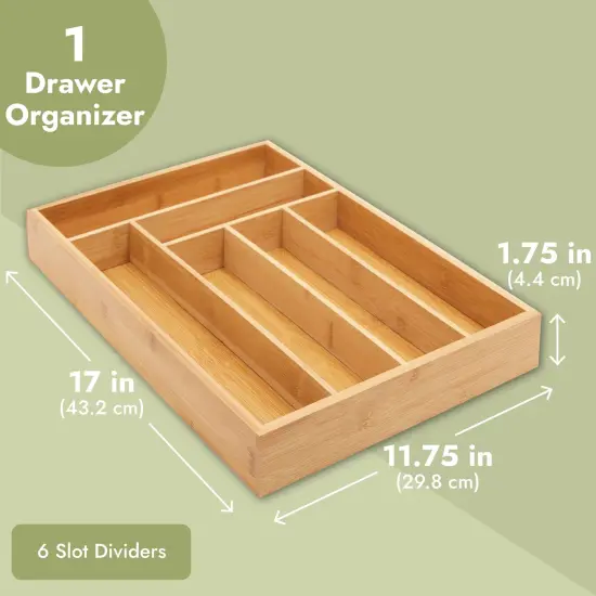 Bamboo Silverware Organizer for Drawer, Kitchen, 6 Slot Utensil Tray (17 x 11.75 x 1.75 In) Brown {4}