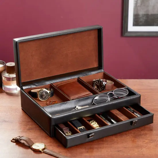 Faux Leather Mens Jewelry Box Organizer, Valet Tray for Watches (Black, 12.6 x 9 x 4 In) {2}