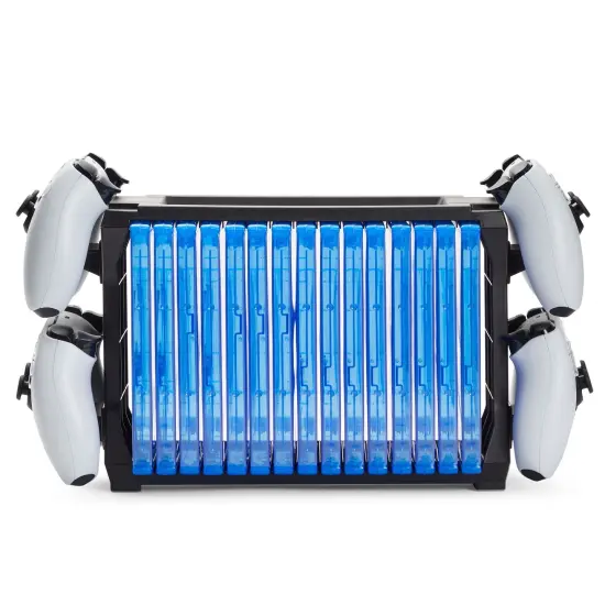 Video Game Storage Stand for Blu-Ray and Game Cases, Fits 4 Controllers, Holds 15 Cases (Black) Blue {4}