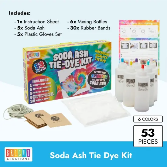 Soda Ash Tie Dye Kit with 6 Colors, Rubber Bands, Gloves, Mixing Bottles (53 Piece Set) Multicolor {4}