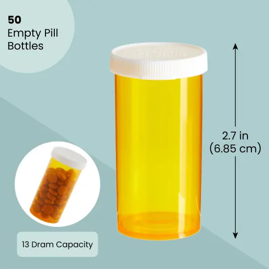 50-Pack Empty Medicine Bottles with Caps, 13 Dram Pill Bottles, Plastic Vials, Containers for Prescription Medication, Vitamins, Supplements, Orange (2.7 in) Bulk Pack {2}