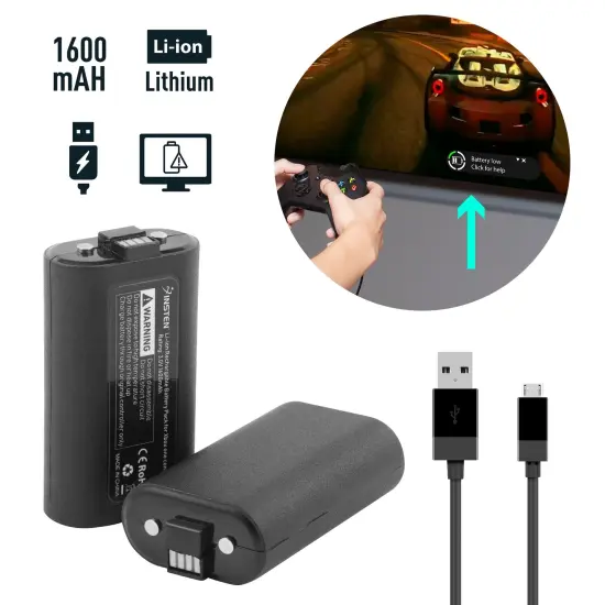Insten For Xbox One 2-Pack Rechargeable Li-ion Battery 1600mAh Play and Charge Kit [Bettery Status Update on TV Screen] with 9ft USB Cable Compatible with Xbox One / One S / One X / Elite Controller Black {2}