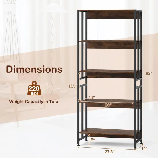 5-Tier Bookshelf with Adjustable and Tiltable Shelves Rustic Brown {5}