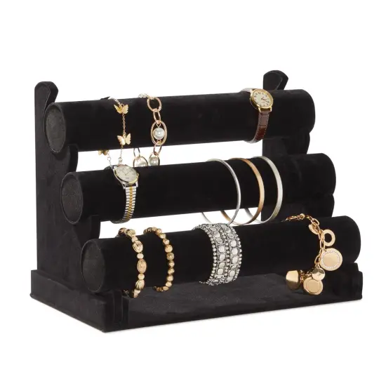 3-Tier Velvet Bracelet Holder Stand and Organizer - Jewelry Display Rack for Selling Necklaces and Accessories (Black) {5}