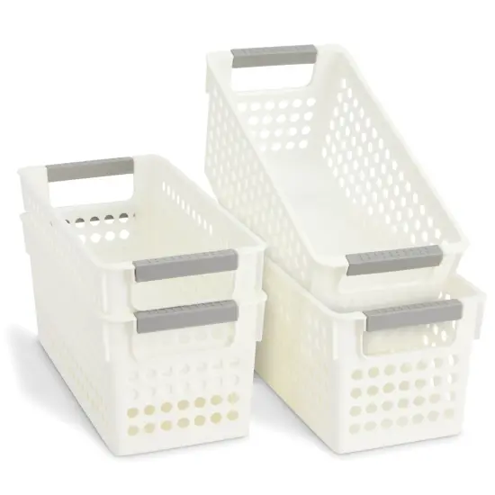 4 Pack White Plastic Baskets with Gray Handles, Narrow Storage Bins for Organizing, Kitchen Shelves, Small Nesting Containers (11.5 x 5.25 x 5 Inches) {1}