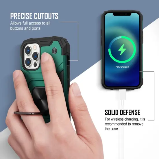 Insten Rugged Dual-Layer Case Compatible With iPhone 12 Pro Case & iPhone 12 Case 6.1 inch (2020) Full Body Heavy Duty Case with 360 Ring Kickstand, Anti-Scratch Anti-shock Drop Protection, Dark Green {4}