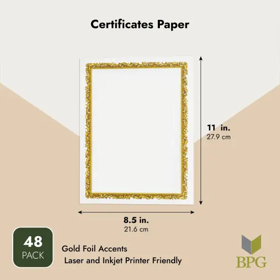 48 Pack White Award Certificate Paper with Gold Foiled Metallic Border, Blank Certificate Sheets, 2025 Graduation Diploma Award Papers for Printer, 8.5 x 11 in {3}