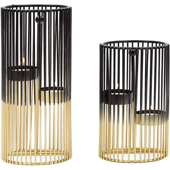 Set of 2 Black and Gold Geometric Candle Holders for Modern Table Decor (2 Sizes) {1}