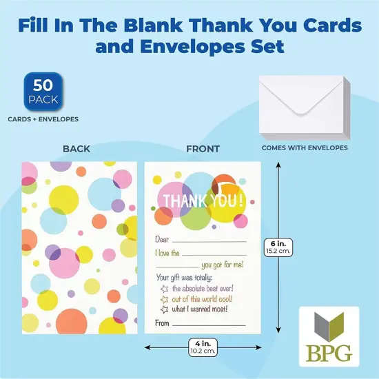 50-Pack Thank You Cards Bulk Set - Blank on the Inside, Polka Dot Designs - Includes Envelopes, 4 x 6 Inches White {2}