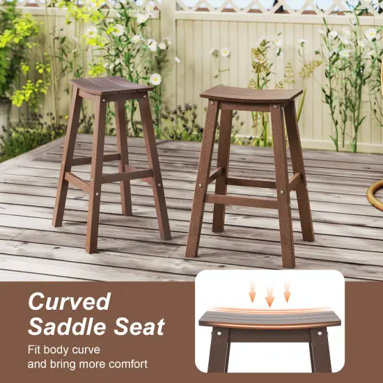 29 Inch HDPE Patio Bar Stool Set of 2, Armless Saddle Design, Weather-Resistant, Outdoor Seating Brown {6}