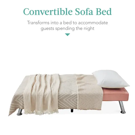 Best Choice Products Modern Faux Leather Convertible Futon Sofa w/ Removable Armrests, 2 Cupholders Pink {4}