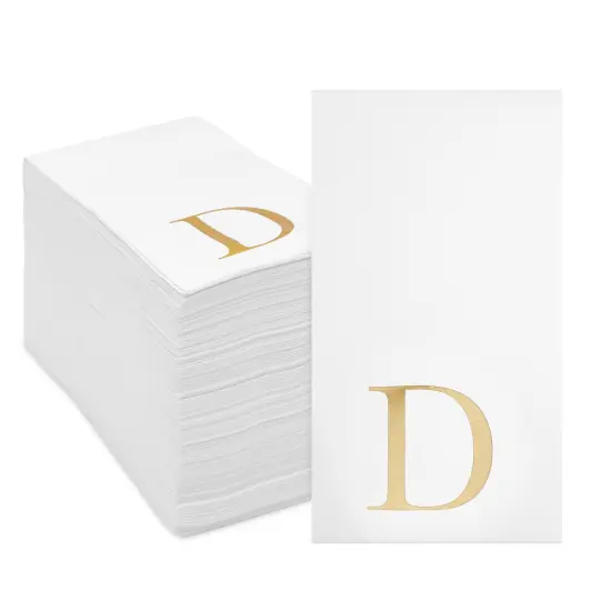 Sparkle and Bash 100 Pack Gold Foil Initial Letter D White Monogram Paper Napkins for Wedding Reception, Table Decorations (4 x 8 In) {1}
