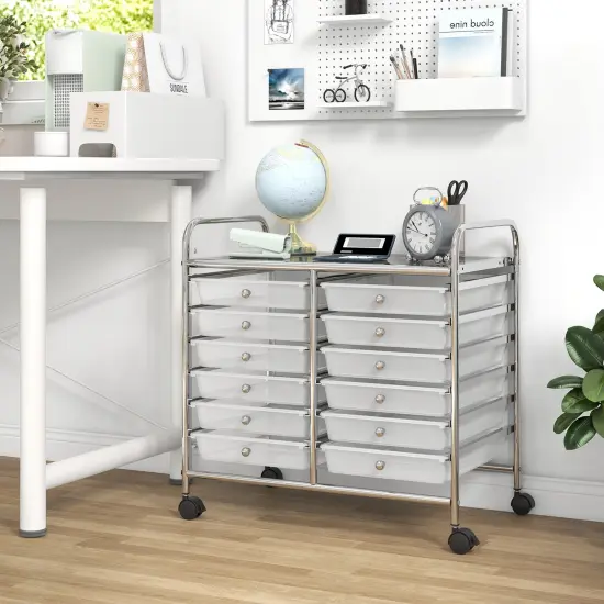 12 Removable Drawers Rolling Storage Cart with 4 Universal Wheels and Metal Frame Transparent {2}