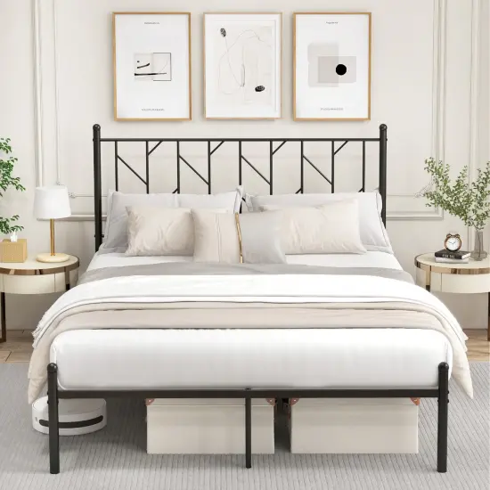 Metal Platform Bed Frame with Sturdy Slat Support, Full/Queen Size {6}