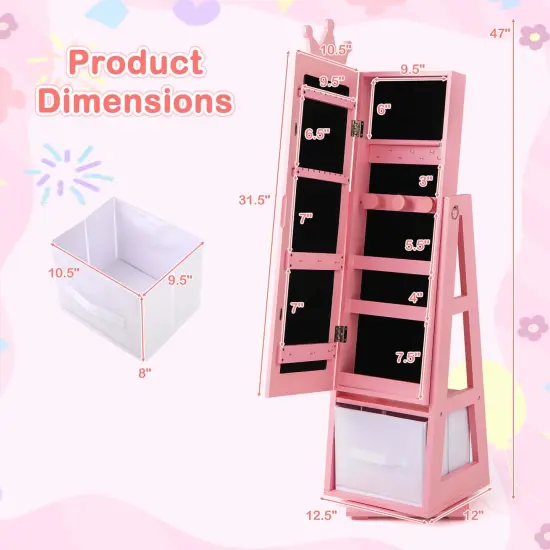 Costway Kids Jewelry Cabinet with Full-Length Mirror Foldable Drawer Anti-toppling System White/Pink {3}