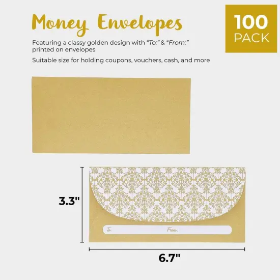 100 Pack Gold Money Envelopes for Cash Gifts, Fancy Decorative Design 6.7 x 3.3 In Cash Envelopes for Birthday, Graduations, Weddings, Other Special Occasions, Bulk Pack {4}