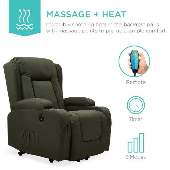 Best Choice Products Electric Power Lift Linen Recliner Massage Chair Furniture w/ USB Port, Heat, Cupholders Olive {4}