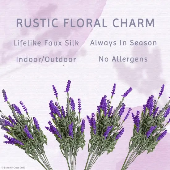 Butterfly Craze Lifelike Artificial Lavender Plants - Perfect for Crafting, Home Decor, and Weddings, Pair with Fake/Dried Flowers like Purple Roses, Nearly Natural Faux Silk Flowers, 4-Piece Bundle {4}