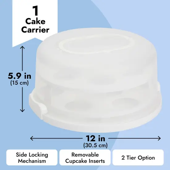 2-In-1 Round Cake Carrier with Lid and Handle for 10-Inch Cakes, 2 Pies, 14 Cupcakes (12 x 5.9 In) White {4}