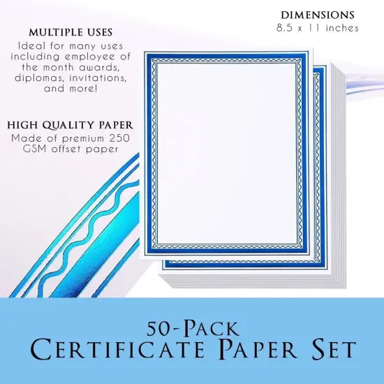 Certificate Paper with Blue Foil Border, Award Certificates (White, 8.5 x 11 in, 50-Pack) {4}