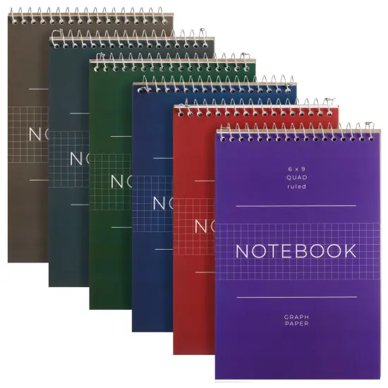 6 Pack Quad Ruled 6x9 Inch Top Bound Spiral Graph Paper Notebook - 80 Sheets / 160 Writable Page Steno Notepads for Writing, Sketching, Drawing, School Supplies (6 Colors) Multicolor {1}