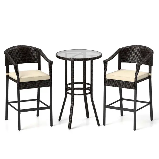 Costway 3 PCS Patio Rattan Bar Set Wicker Armchairs & Round Table with Tempered Glass Top {2}