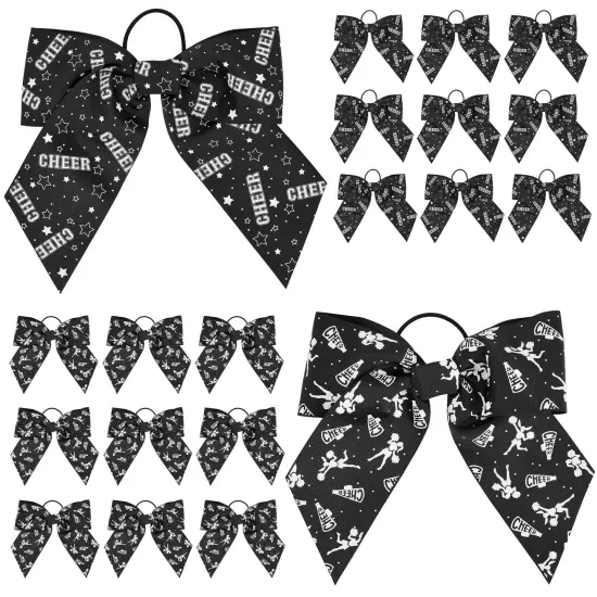 20 Pack 8 Inch Cheer Bows for Cheerleaders, Elastic Ponytail Holders for Women and Girls, Large Bulk Polyester Hair Ribbons for Softball, Volleyball, Gymnastics (2 Designs, Black) {1}