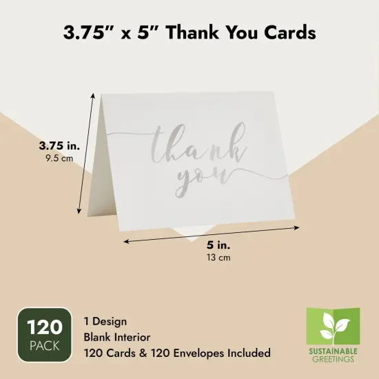 120 Pack Thank You Cards with Envelopes Bulk for Weddings, Bridal Showers, Graduations, Bridal, Baby Shower - Blank Inside - Silver Gradient Handwritten White {3}