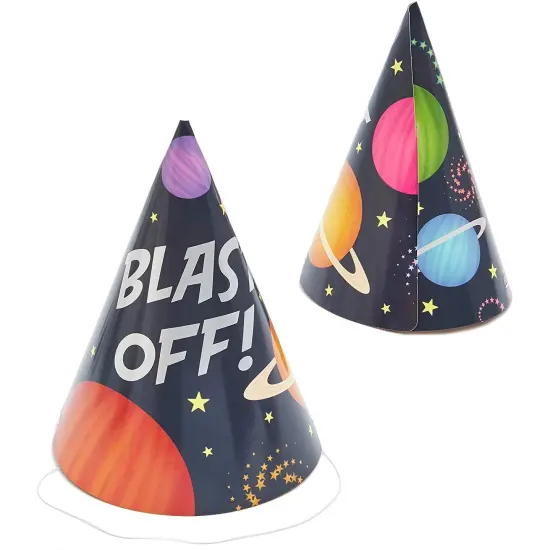 Blast Off Outer Space Birthday Party Hats (24 Pack) Multicolor Black {3}