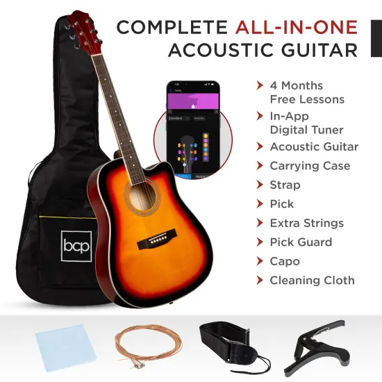 Best Choice Products 41in Full Size Beginner Acoustic Guitar Set with Case, Strap, Capo, Strings Sunburst {3}
