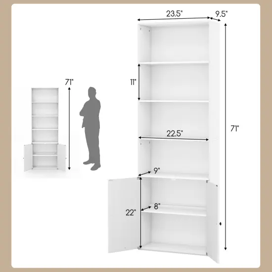 71 Inch Freestanding Bookshelf with 6 Shelves and 2-Door Cabinet White {5}
