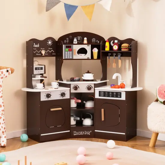Wooden Corner Play Kitchen with Coffee Machine, Slide, and Storage for Kids Brown {2}