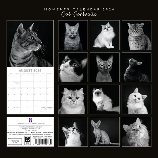 The Gifted Stationary 2026 Square Wall Calendar, Cat Portraits, 16-Month Black and White Photos with 180 Reminder Stickers (12 x 12 In) Multicolor {4}