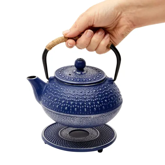 Cast Iron Teapot with Infuser - Japanese Tea Kettle, Loose Leaf Tetsubin with Handle and Trivet (Blue, 3 Pcs, holds 27 oz, 800 ml) {3}