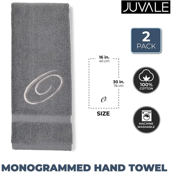 2 Pack Letter O Monogrammed Hand Towels, Gray Cotton Hand Towels with Silver Embroidered Initial O for Wedding Gift, Bridal Shower, Baby Shower, Anniversary (16 x 30 Inches) Grey {2}