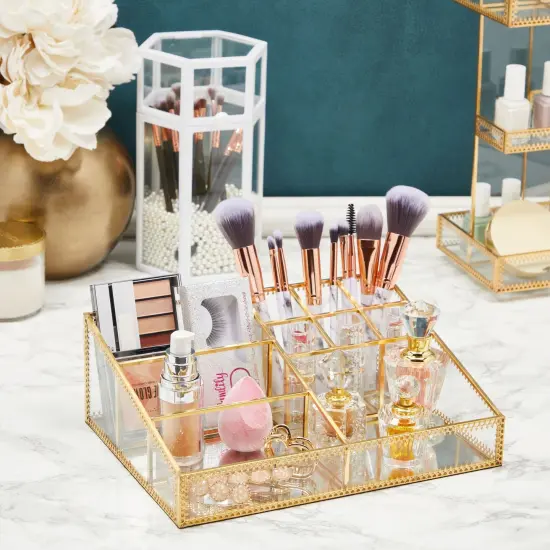 Glass Makeup Organizer with Gold Trim for Vanity, Cosmetic Storage (10.2 x 7.5 x 3.5 In) {2}