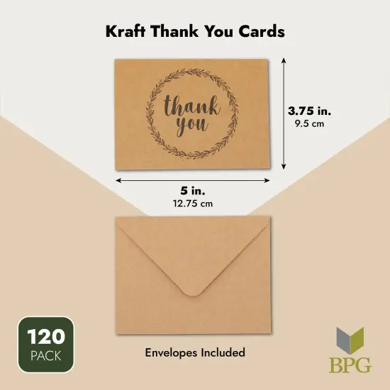 120 Pack 3.5x5-inch Bulk Kraft Thank You Cards with Envelopes - Blank Appreciation Gift Notes for Wedding, Teachers and Kids Brown {5}