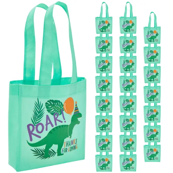 BLUE PANDA 24-Pack Small Dinosaur Goodie Bags with Handles for Kids Birthday - Reusable Non-woven Dino Tote for Goodie Favors and Treats - 6.5 x 7 x 1.8 In, Ages 3-14 Green {1}