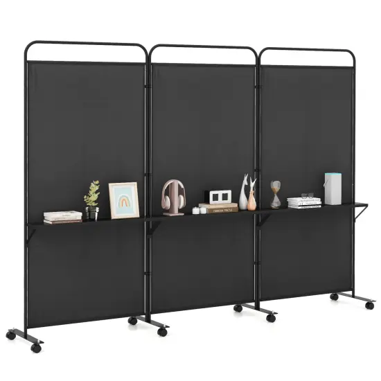 3-Panel Folding Room Divider with 3 Metal Shelves and Lockable Wheels Black {3}