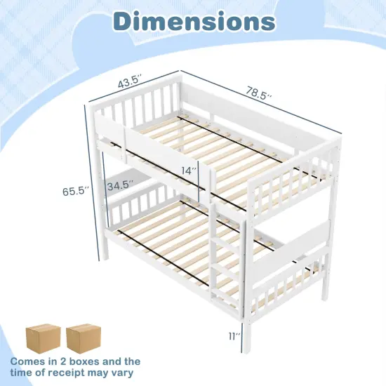 Wooden Twin Over Twin Convertible Bunk Bed with Guardrails and Under-bed Storage White {5}