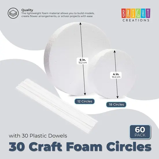 30 Craft Foam Circles with 30 Plastic Dowels (2 Sizes, 60 Pieces) White {4}