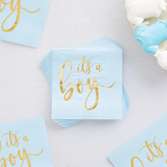 50 Pack Its a Boy Baby Shower Cocktail Napkins Party Supplies, Blue with Gold Foil Table Decorations (5 x.5 Inches) {3}