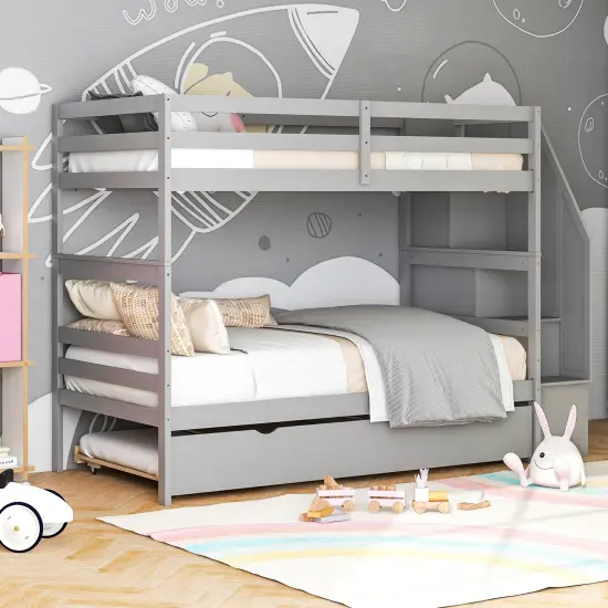 Twin Bunk Bed with Guard Rail and 4-Step Storage Stairs No Box Spring Needed Grey {2}