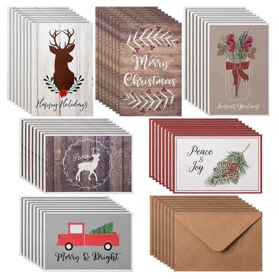 Sustainable Greetings 48 Pack Merry Christmas Cards with Envelopes for Sending Holiday Wishes, 4x6 Festive Season Greeting Cards for Xmas, 6 Rustic Designs Multicolor {1}