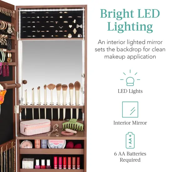 Best Choice Products Hanging Mirror Jewelry Armoire, Door or Wall Mounted Cabinet w/ LED Lights, Lock Walnut {3}