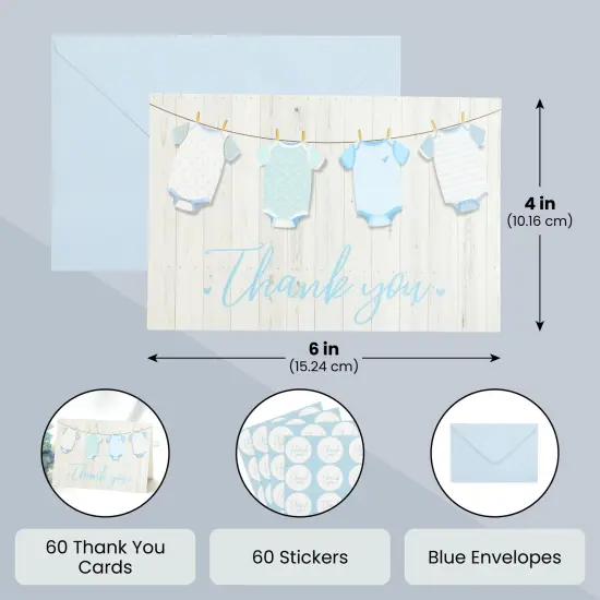 60 Pack Baby Shower Thank You Cards with Blue Envelopes for Boy, 4x6 inch with Clothesline Design and Includes 60 Cute Stickers for Appreciation {5}
