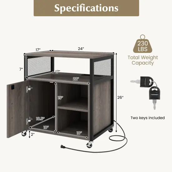 File Cabinet on Wheels with Charging Station and Cable Management Hole Grey {5}