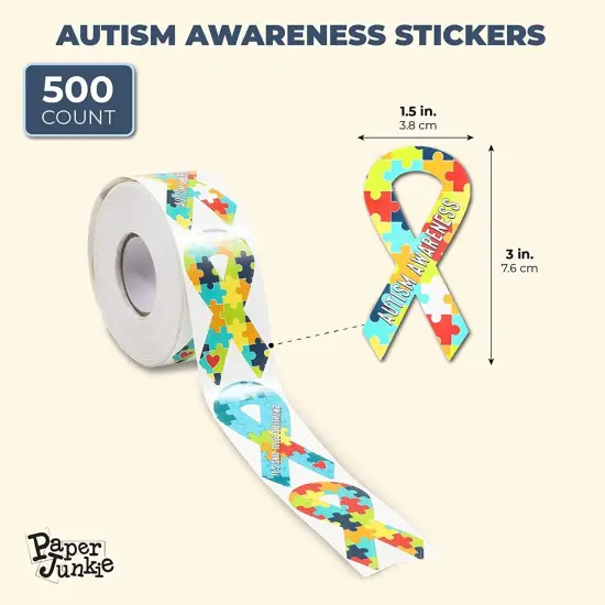 Autism Awareness Ribbon Stickers Roll (1.5 x 3 in, 500 Stickers) Multicolor {2}