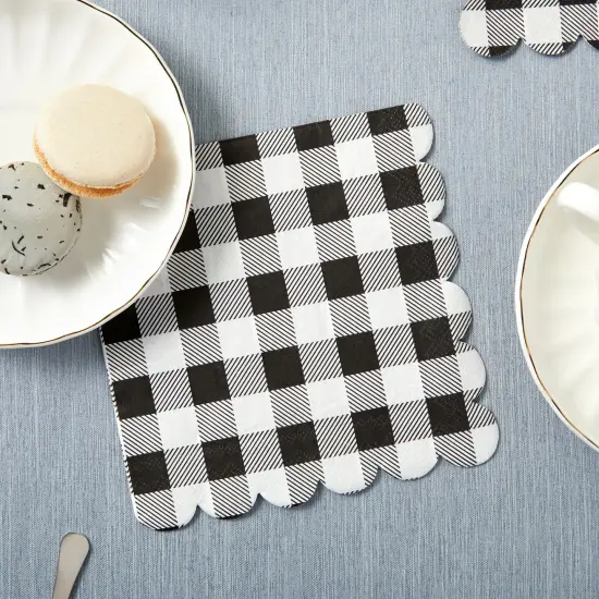 Black Plaid Scalloped Paper Napkins for Party Supplies (6.5 x 6.5 In, 100 Pack) White {2}